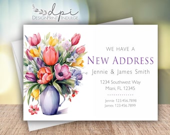 We've moved, I've moved announcements, spring tulips change of address cards, printed notecards, new house, printable, moving annoucements