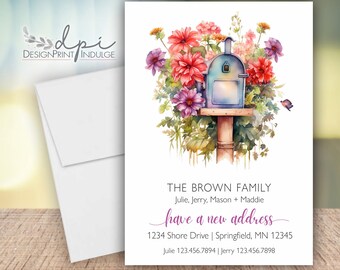 New Change of Address Announcement Cards, Floral Mailbox Personalized New Address Cards, Moving Card, Digital or Printed w/ envelopes