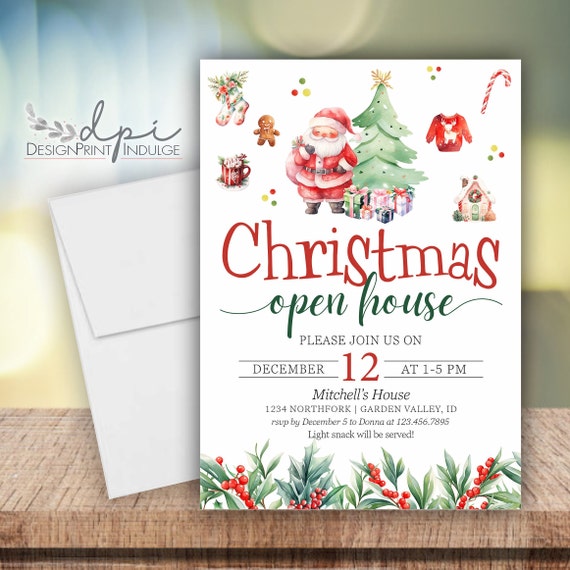 Christmas Open House Invitation, Holiday Brunch Invite Cards, Open House Celebration Invite, Digital or Printed w/ Envelopes FREE Shipping