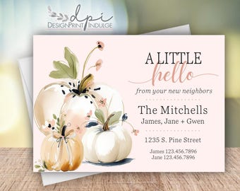 Pumpkin Hello We're New to the Neighborhood Printed Cards, Personalized New to the Neighborhood Pumpkin Announcements, Customize the wording
