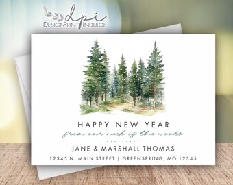 New Year woods watercolor moving announcement card, forest pine trees our new neck of the woods, new address change notice, moved cards