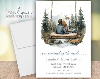 Our new neck of the woods announcement cards, forest woods address change, new address card printed w/ envelopes or Digital