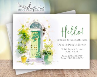 Watercolor Green Door New Neighbor Announcement Cards