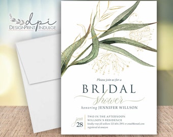 May include: A white bridal shower invitation with a watercolor illustration of green leaves and gold accents. The text reads "Please join us for a Bridal Shower honoring Jennifer Willson. Two in the afternoon, Willson's Residence. Kindly RSVP Jill Willson 123.456.7891 or email@email.com. Registered at Amazon. Jan 28."