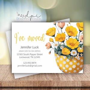 Floral moving announcement, I&#39;ve or We&#39;ve moved notecard, yellow new address card, new home, moving cards printed with envelopes included,