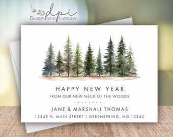 New Year woods watercolor moving announcement card, forest pine trees our new neck of the woods, new address change notice, moved cards