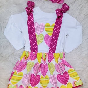Valentines day baby girl outfit, Suspender skirt, shirt and headband. skirt Set, Baby skirt and head bow. toddler girl outfit