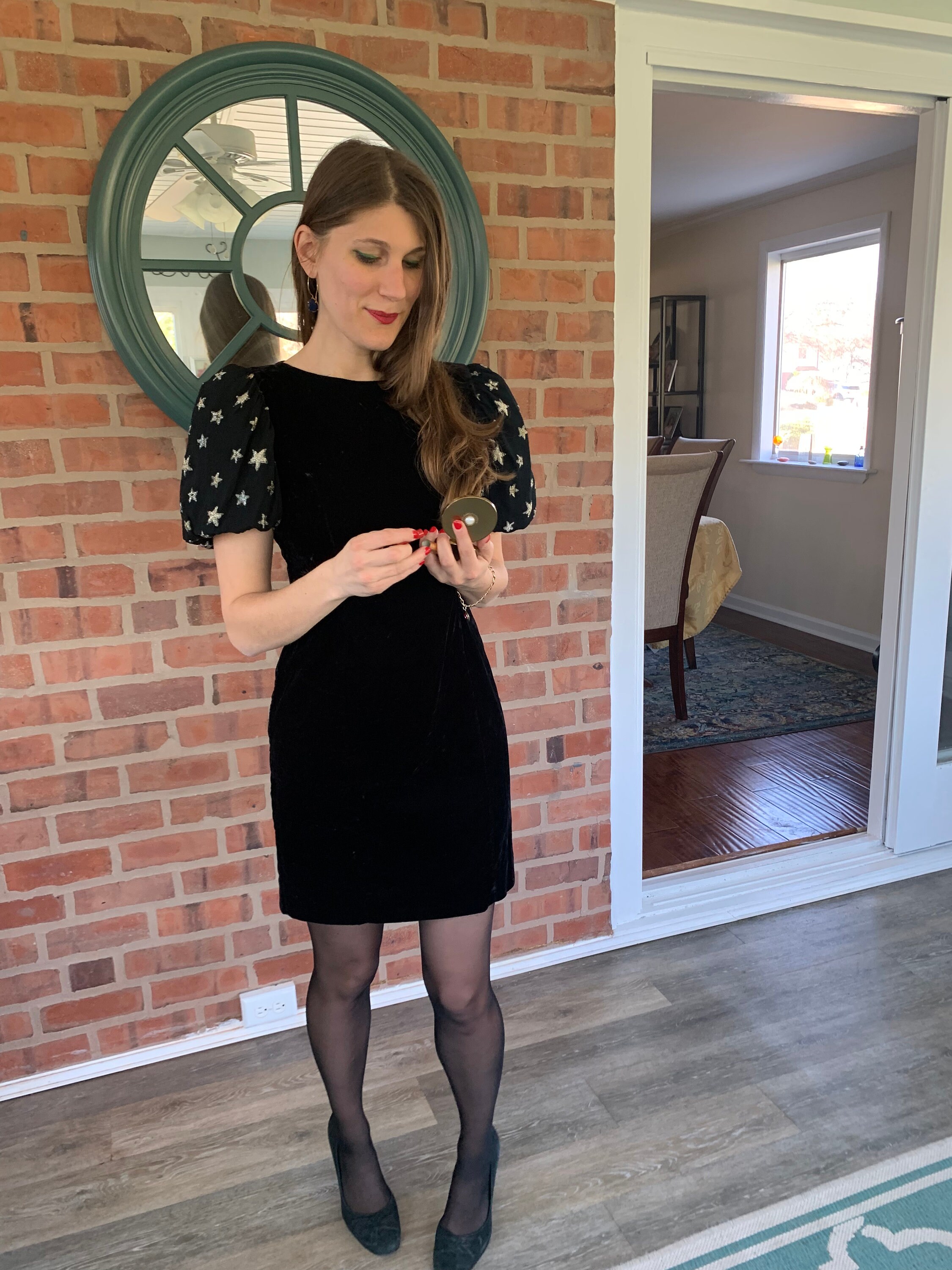 Vintage 80s Black Velvet Mini Prom Dress: Gold Stars, Big Sleeves, Petite Small