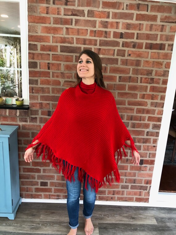 Cherry Red Vintage 60s Poncho Soft - image 3