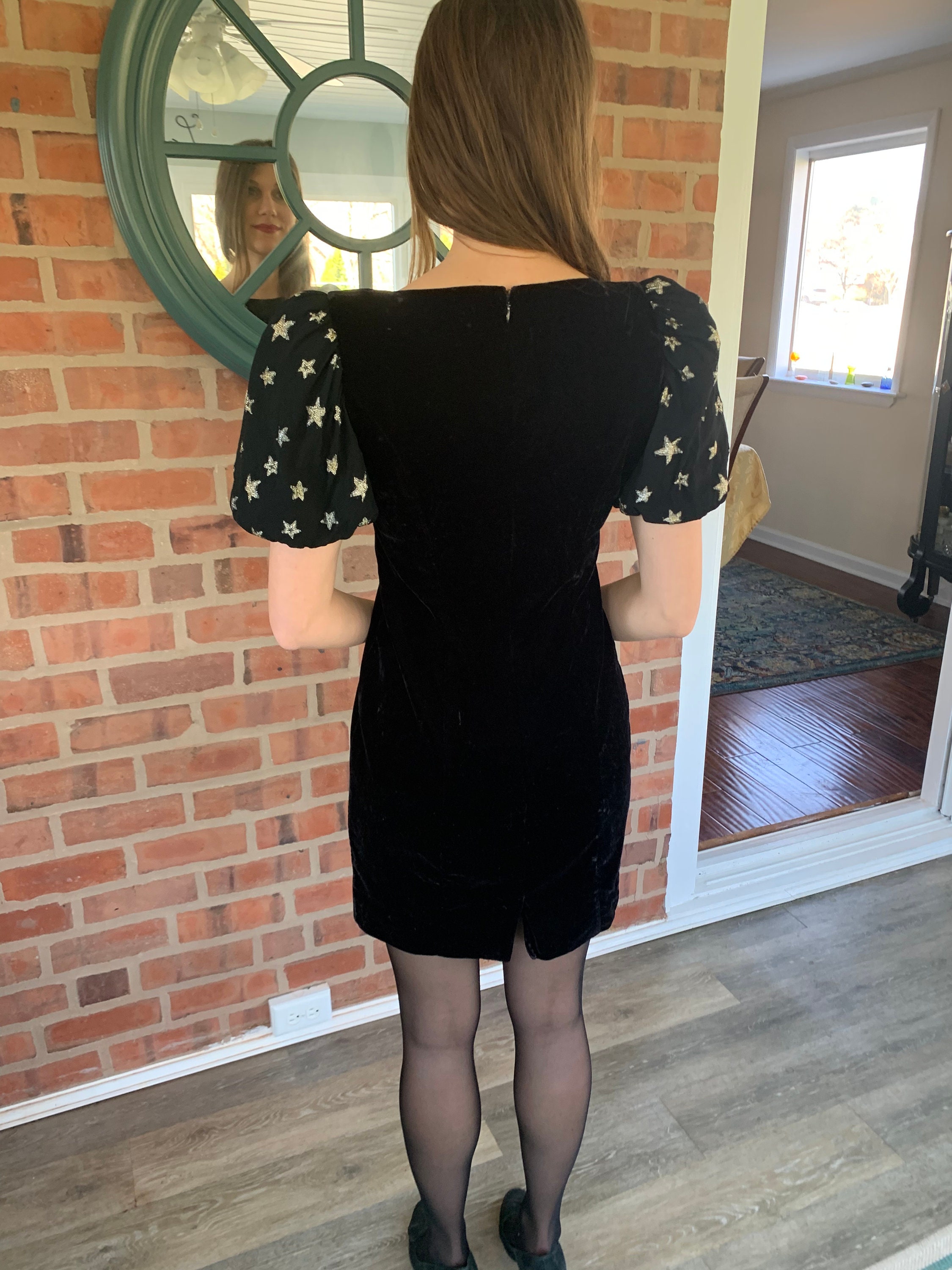 Vintage 80s Black Velvet Mini Prom Dress: Gold Stars, Big Sleeves, Petite Small