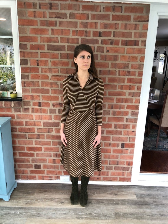 70s Vintage Striped Biba Inspired Brown and Gold Glam Rock Miss Lagotte Long Dress Small Etsy