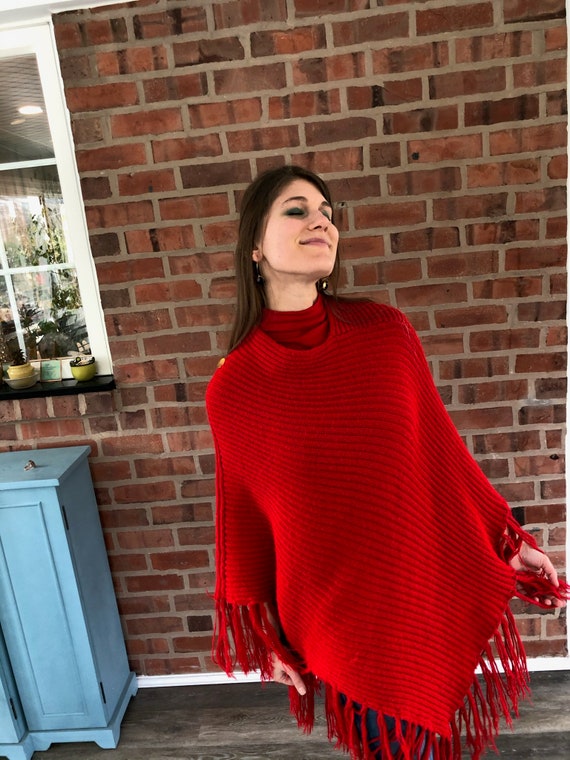 Cherry Red Vintage 60s Poncho Soft - image 8