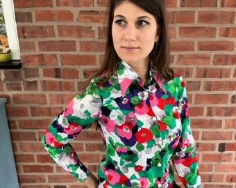 Vintage 70s Top Bright Floral Ines Vi.Ri Button Up Blusa Verde Rojo Púrpura