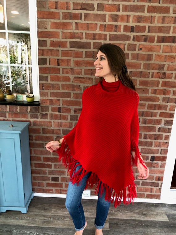 Cherry Red Vintage 60s Poncho Soft - image 1