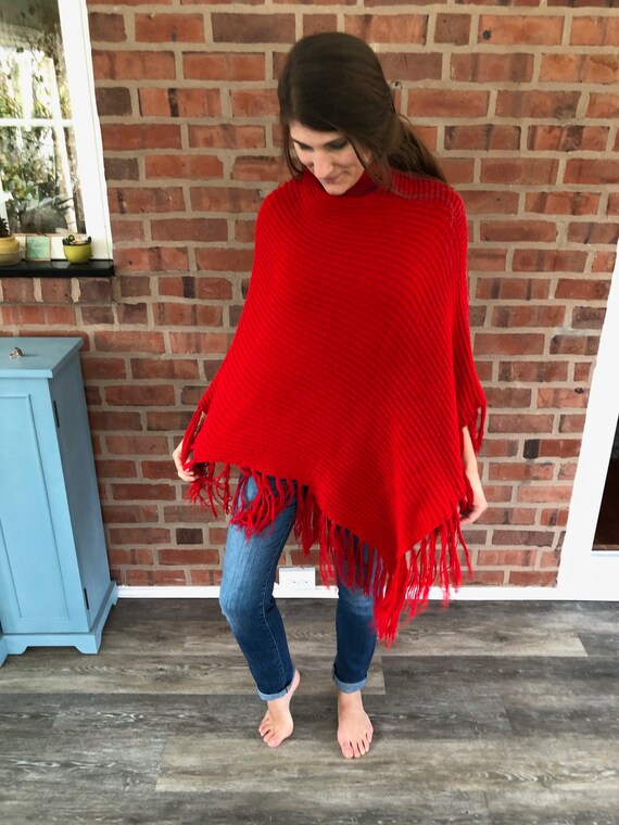 Cherry Red Vintage 60s Poncho Soft - image 2