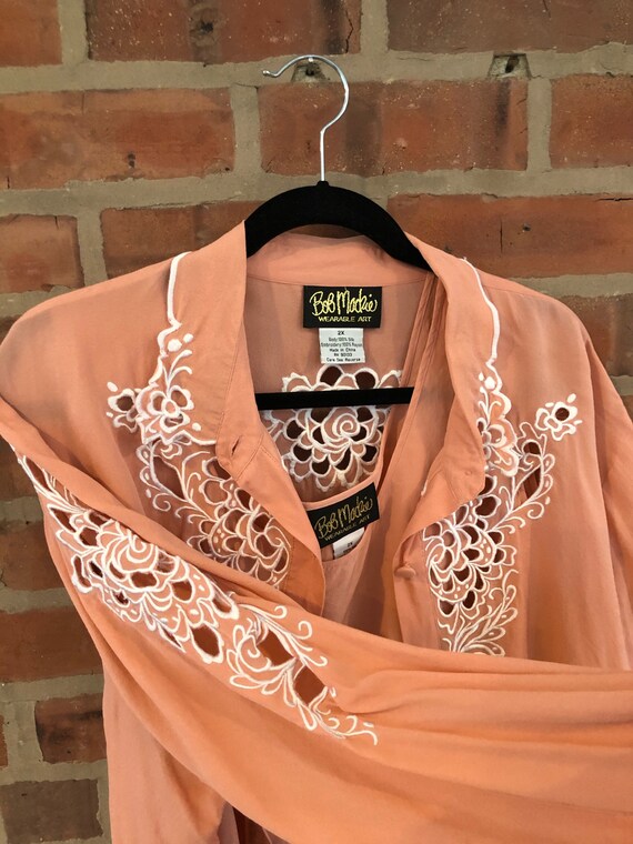 Bob Mackie Wearable Art Peach Silk Cutout Lace Tw… - image 9