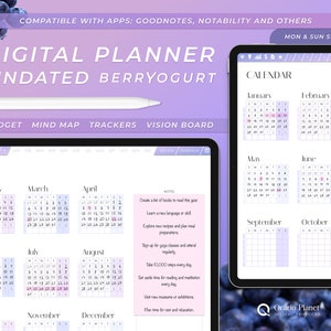 Może przedstawiać: Cyfrowy planer w fioletowo-białym schemacie kolorystycznym. Planer jest niedatowany i zawiera kalendarz, śledzenie budżetu, mapę myśli i tablicę wizji. Planer jest kompatybilny z Goodnotes, Notability i innymi aplikacjami. Tekst "MON & SUN START" znajduje się na górze strony.