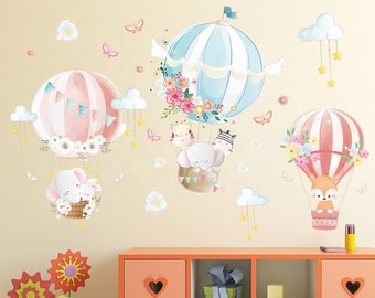 CreateHome Wandtattoo für Kinderzimmer Babyzimmer Jungen/Mädchen 96 x 63 cm extra groß, Heißluftballon, Zootiere, Wandaufkleber