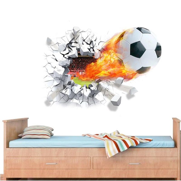 CreateHome 3D Wandtattoo Fussball Fußball Ball, extra groß 50 x 70 cm, Kinderzimmer, Jungen, Mädchen, Verein, Feuer, Spielen