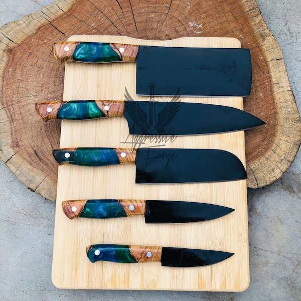 Handmade D2 Steel kitchen knife Set, Beautifully Resin epoxy made handles of knife with pure leather made sheath , Best for Christmas Gift