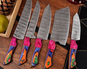 Handmade Damascus Chef Knife set of 5 Pieces with beautiful leather roll , Japanese knife set , Kitchen knife set , Gift for Him