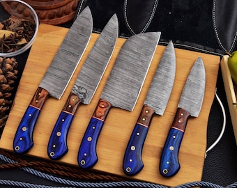 Handmade Damascus Chef Knife set of 5 Pieces with beautiful leather roll , Japanese knife set , Kitchen knife set , Gift for Him
