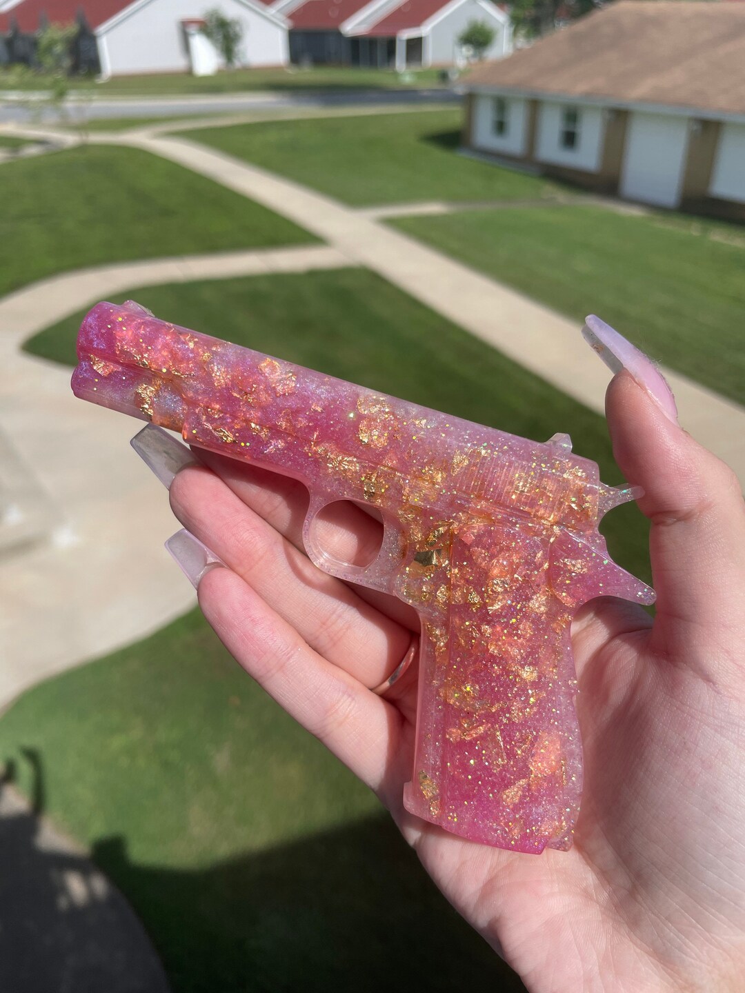 Handmade Resin Art Pink and Pearl Glitter Gun Etsy