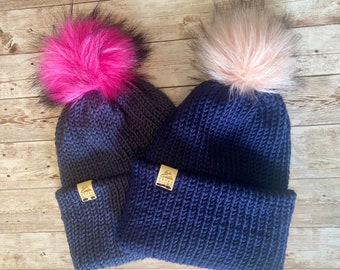 Ladies handmade knitted winter hat beanie with pom pom - Chose your colour, chose your pompom