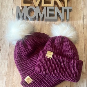 Gorros de lana para mamá y yo, gorros de invierno burdeos, gorros para adultos y niños