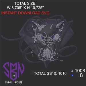 Hotfix rhinestones Cartoon cat SS10 stones, ook te gebruiken als snijbestand, in PDF, Png and SVG, rhinestone SVG cat, instacat SS10