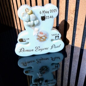 Personalised Newborn Baby Resin Keepsake Bear Shape | Custom Birth Details, Name, DOB, Weight, Time of Birth, Height, Balloons, Photo