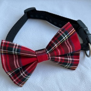 Red Tartan Dog Bows - Handmade in the UK. Slides onto the collar through elastic loops