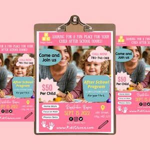 May include: Three pink after-school program flyers clipped to a brown clipboard. The flyers feature a photo of a child and adult, text reading "Looking for a fun place for your child after school hours?", "Come and Join us", and "After School Program".