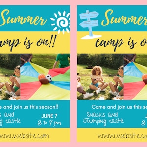 Könnte beinhalten: Ein farbenfroher Flyer, der ein Sommercamp ankündigt, mit einem Foto von Kindern, die mit einem Fallschirm spielen. Der Flyer lautet "Summer camp is on!!" und enthält das Datum und die Uhrzeit der Veranstaltung: 7. Juni, 15:00 bis 19:00 Uhr. Er erwähnt auch Snacks und eine Hüpfburg. Die Website-Adresse lautet www.website.com.