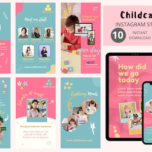 Peut inclure: Un ensemble de 10 modèles de story Instagram personnalisables pour les entreprises de garde d'enfants. Les modèles présentent un schéma de couleurs rose et bleu avec des illustrations d'enfants et du texte qui dit "Childcare Instagram Stories" et "Téléchargement instantané".