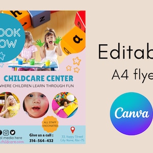 Modelo de folheto pré-escolar editável | Código QR | folheto de creche | Tamanho A4 | creche | imprimível | editável | download instantâneo | matrícula pré-escolar