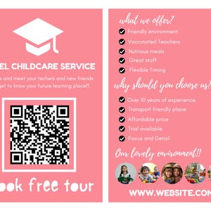 Cartão postal de creche | folheto | cartão postal | modelo | código QR | folheto de creche | boho | creche familiar para impressão | editável | download instantâneo