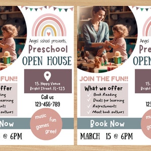 folheto de creche | folheto de open house | boho open house | escola | código QR | folheto de creche | tamanho A4 | imprimível | editável | download instantâneo