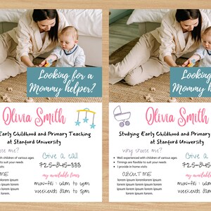 以下が含まれることがあります： 床で遊んでいる女性と子供の写真が載ったピンクとブルーのチラシ。チラシには「Looking for a Mommy helper?」と書かれており、ピンク色の筆記体で「Olivia Smith」と名前が書かれています。チラシには、オリビアの資格、利用可能性、連絡先情報も記載されています。