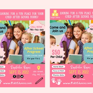 May include: Pink flyer with a colorful logo of ABC blocks, advertising an after school program for children. The flyer features a smiling teacher with two children, a tablet, and the text "Come and Join us". The flyer also includes the text "After School Program", "Learn Explore Grow", "For year 1 to 6", "Registration Begins Sept 15 2022", "$50 Per Child", "Home Work", "Focus on Math", "Phonics Skills", "abc street, city, HG 123", "www.KidsChoice.com", and a phone number.