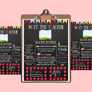 May include: Three Meet the Teacher flyers with a black chalkboard background, colorful bunting, and red apple graphics. Each flyer features sections for hobbies, credentials, and personal details, with a central photo placeholder and the name Kate Jones.