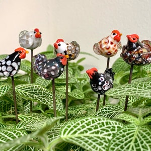 Glass chicken plant stake lampwork rooster hen farm