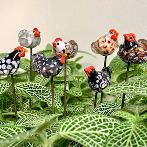 Glass chicken plant stake lampwork rooster hen farm