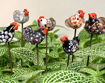 Glass chicken plant stake lampwork rooster hen farm