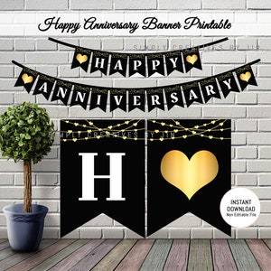 Happy Anniversary Banner | Printable Happy Anniversary Banner | Printable Banner | Anniversary Buntings | Black and Gold Banner