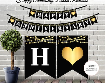 Happy Anniversary Banner | Printable Happy Anniversary Banner | Printable Banner | Anniversary Buntings | Black and Gold Banner