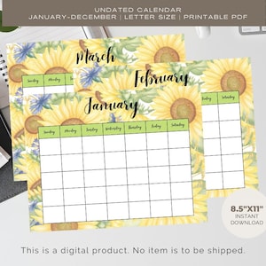 Sunflower Monthly Calendar Template | Undated Calendar | Desk Calendar Printable| Instant Download Calendar