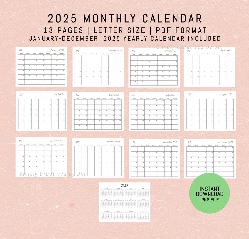 Printable 2025 Monthly Calendar PDF Minimalist Calendar Instant