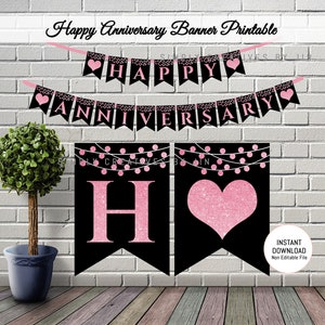 Happy Anniversary Banner | Printable Happy Anniversary Banner | Printable Banner | Anniversary Buntings | Black and Pink Banner