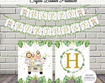 May include: Printable safari-themed birthday banner with green leaves and gold accents. The banner includes the words "Happy Birthday" and a separate banner with a jungle animal jeep and the letter "H".